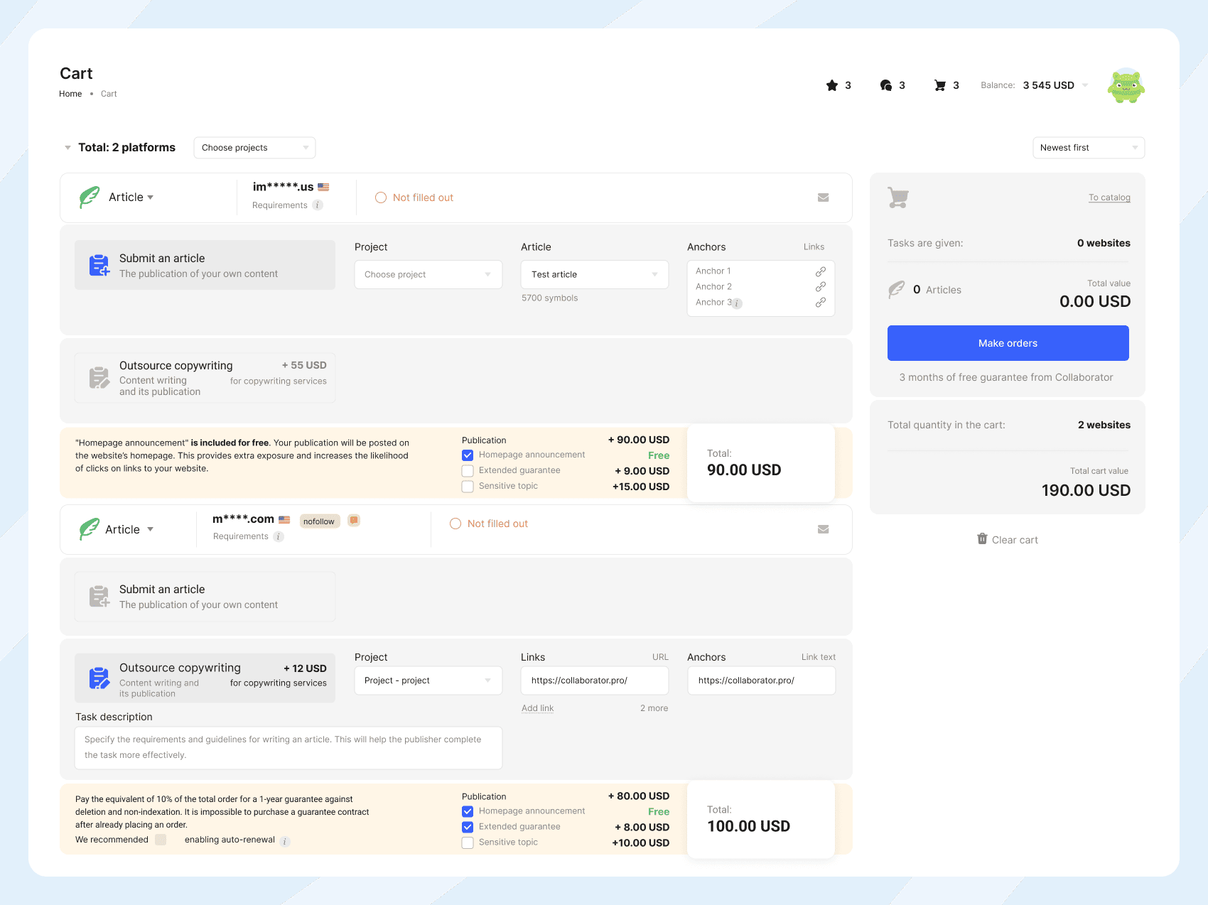 Сторінка кошика Collaborator із полями для заповнення завдання вибраним сайтам.