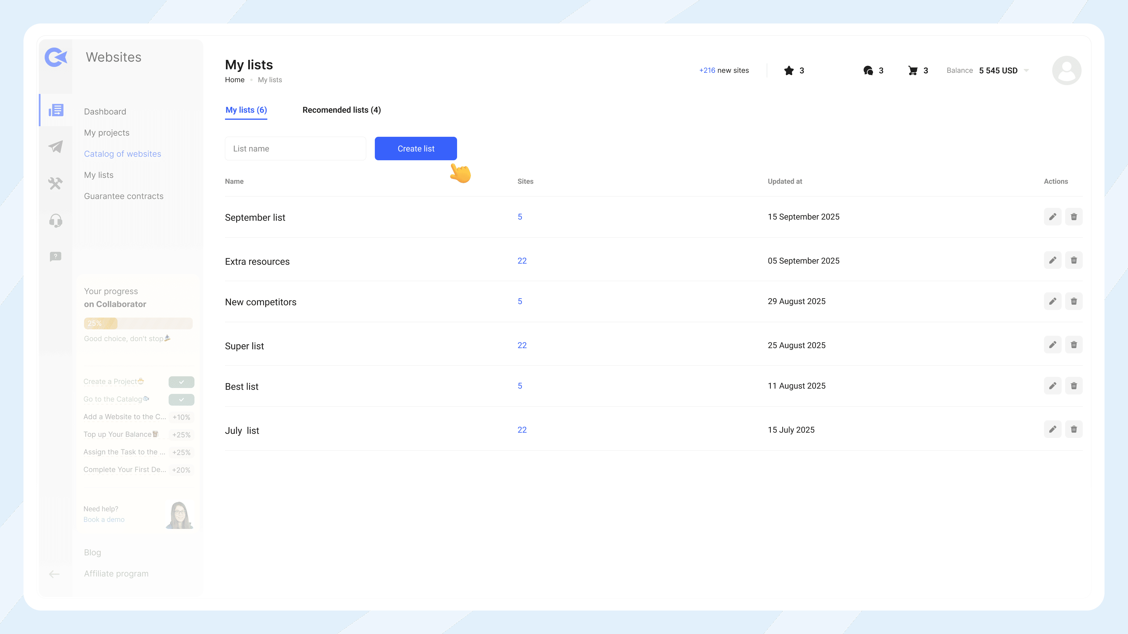 Панель «Мої списки» Collaborator, що показує списки сайтів користувача: список вересня, Додаткові ресурси, Нові конкуренти, Супер список, Найкращий список та список липня з кількістю сайтів і датами оновлення.