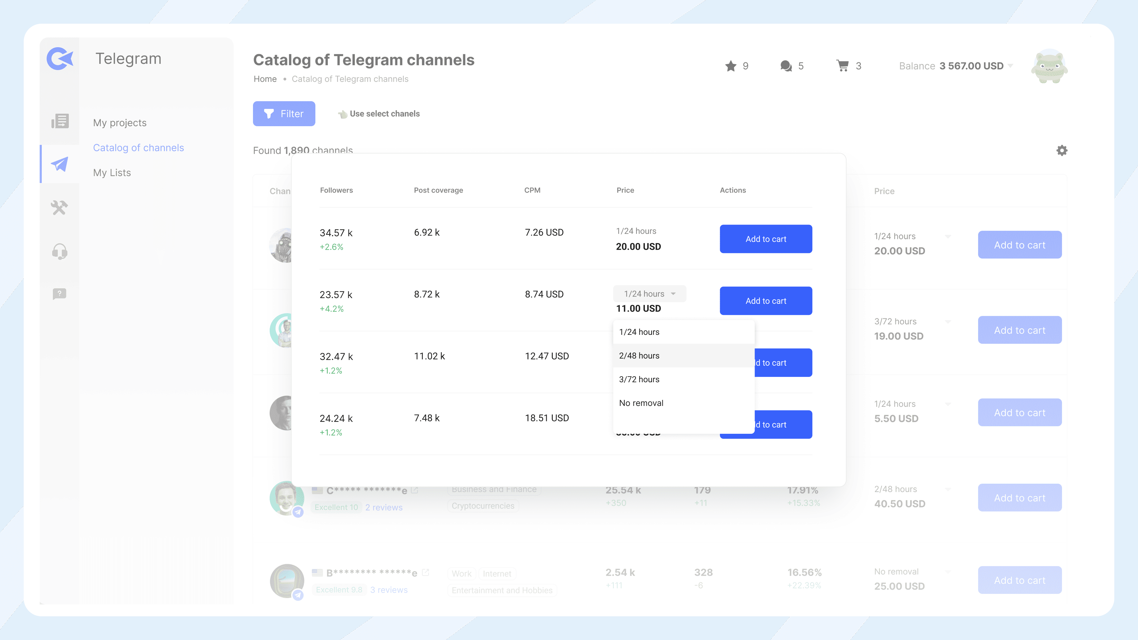 Маркетплейс каналів Collaborator у Telegram, що показує ціни для різних форматів розміщення з кількістю підписників, метриками охоплення постів та ставками CPM.